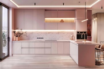 A minimalist kitchen with pastelcolored cabinets and soft lighting for a warm, inviting feel