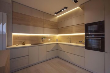 A minimalist kitchen with pastelcolored cabinets and soft lighting for a warm, inviting feel
