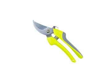 Steel gardening secateurs, scissors tool with green grip for pruning of plants and flowers, garden work, isolated on white background. Close state. Top view.