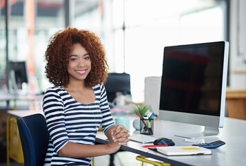 Happy businesswoman, portrait and pc at desk in office for career, programmer and website. African...