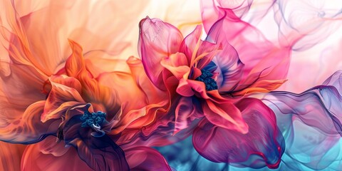 A colorful painting of two flowers with a blue background