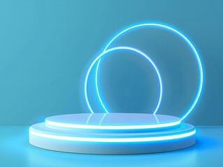 Glowing neon circle on a futuristic platform with a blue background, showcasing modern design and lighting.