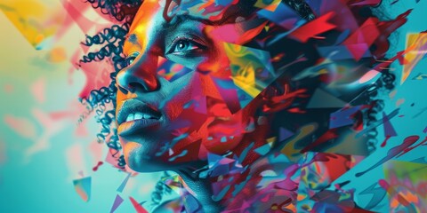 A colorful abstract painting of a woman's face with a blue background