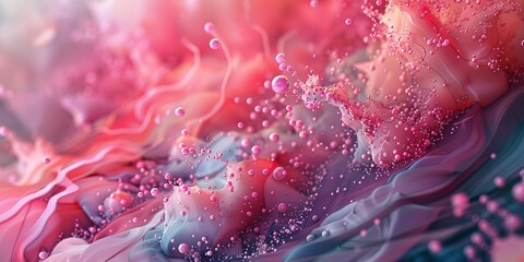 A colorful, abstract painting with pink and blue swirls and dots