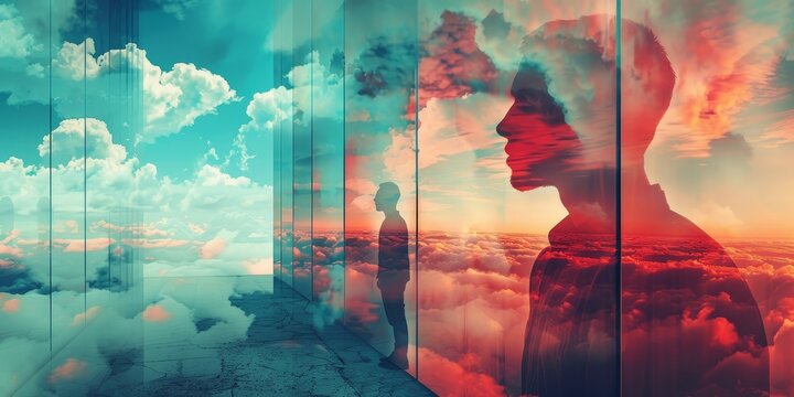 A man's reflection is seen in a glass window, with the sky