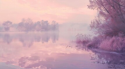 A lakeside scene at dawn, with soft lavender and peach hues reflecting off the water s surface
