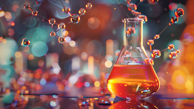 Vibrant Chemistry Lab Setup with a Flask Filled with a Glowing Liquid and Molecular Structures