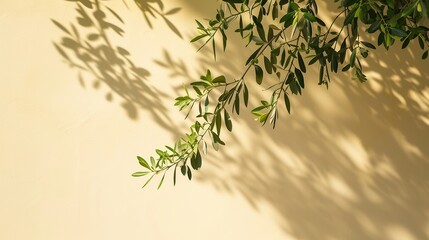 Modern summer minimal of olive tree branch in sunlight with long shadows. Generative Ai