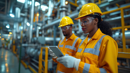 Safety Inspection: Engineers conducting a thorough safety inspection of oil production equipment, wearing protective gear as they meticulously examine pipelines, valves, and machin