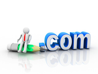 3d illustration student in pencil near dot com sign