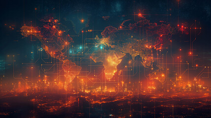 Fototapeta premium Global Supply Chain: A world map overlaid with intricate network diagrams illustrating the complex global supply chain of the oil industry, from extraction sites to refineries to e