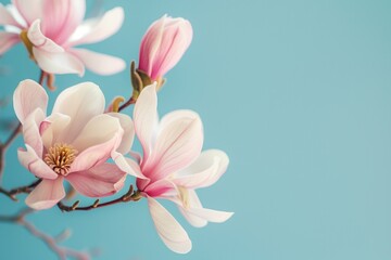 Delicate Pink Magnolia Blossoms on Soft Blue Background