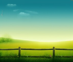 Fototapeta premium Serene Countryside Landscape with Wooden Fence and Green Field at Sunset