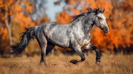 Majestic Gray Horse Running in Autumn Forest