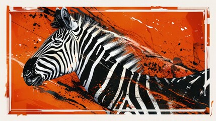 A striking abstract portrayal of zebra painting on orange background 
