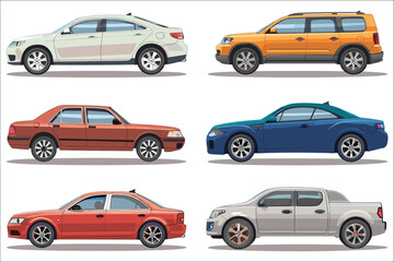 Set of cars in different types, Set of luxury cartoon car in various color, Cars side view, Set of modern cars, Set of luxury vehicles, Vector Modern Car, Car Vector illustration