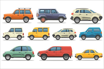 Set of cars in different types, Set of luxury cartoon car in various color, Cars side view, Set of modern cars, Set of luxury vehicles, Vector Modern Car, Car Vector illustration