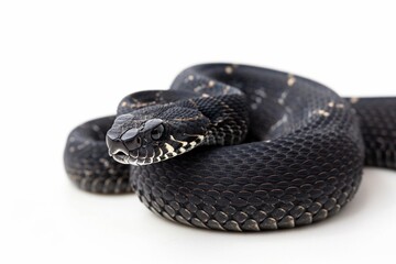 Black Snake Coiled Up on White Background