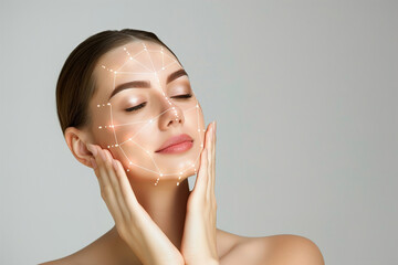 Woman, face and relax in skincare technology on mockup space in hygiene, dermatology or skin map.
