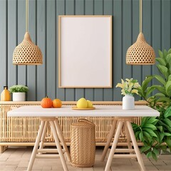Frame mockup, rattan style kitchen interior, illustration style, 3d render