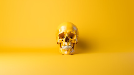  a yellow realistic human skull on a clean pastel light