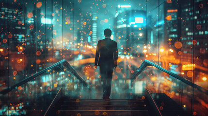 Rear view of a businessman ascending a staircase in a city. Night cityscape is in the background. Toned image, double exposure.