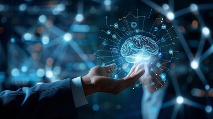 A businessman touches a digital brain interface