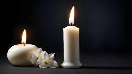 A solitary white candle blazing against a dark backdrop. Funeral, lamentation, and memorial service idea