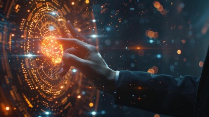A businessman touches a digital brain interface