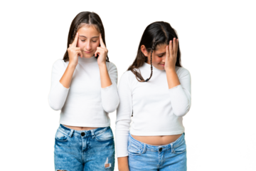 Friends girls holding gift and a birthday cake over isolated chroma key background unhappy and frustrated with something