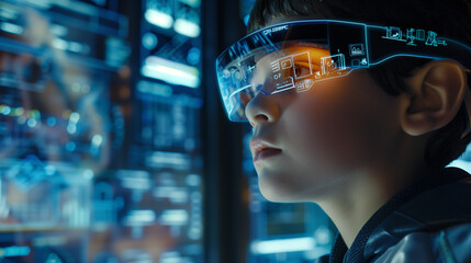 Young Boy Experiencing Advanced Augmented Reality with Futuristic Glasses