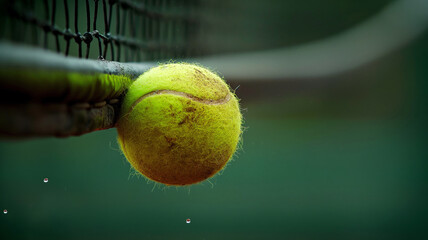 Close-up of a vibrant yellow tennis ball and racket, ready for a competitive court game