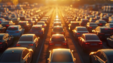 Obraz premium Vast Car Parking Lot at Sunset with Gleaming Rows