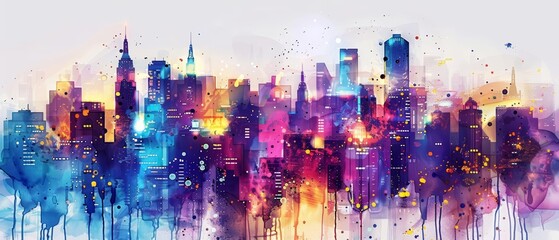 A cute creative cyber minimal charismatic watercolor painting showcases an ultramodern cityscape with twinkling lights