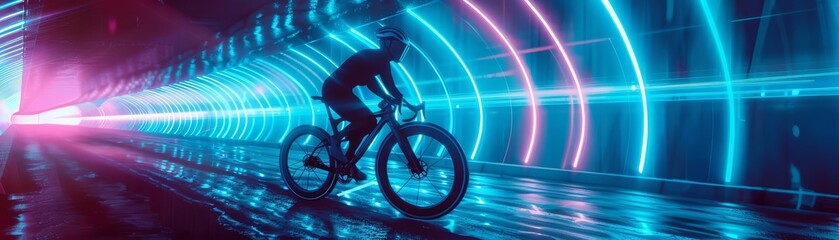 A cyclist rides a holographic bike through a tunnel of glowing blue neon, a vision of modern engineering melded with 80s nostalgia, colored neon lights retro scifi style