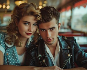 A couple dressed in vintage 1950s attire, including a poodle skirt and leather jacket, at a classic diner setting