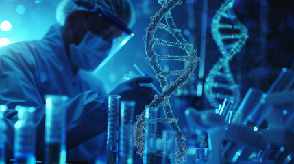Fototapeta premium Scientist in a laboratory working with DNA models and test tubes under blue light