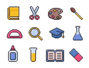 back to school supplies pixel art icon set, university, education items, 8 bit, 80s, 90s, book, scissors, brush, art palette, protractor, graduation hat, magnifying glass, flask, glue, eraser