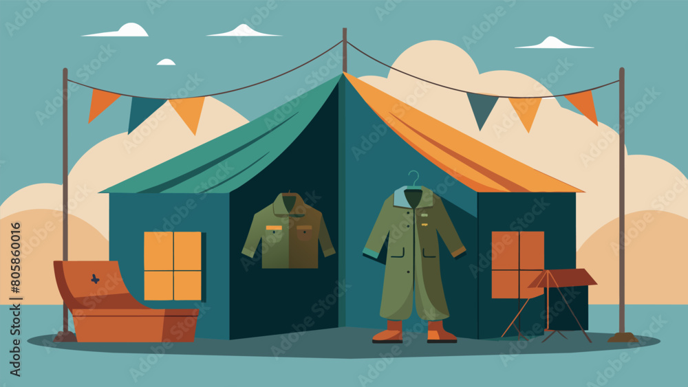 Poster a wornout army tent set up in the corner of the shop serves as a unique and nostalgic for customers 