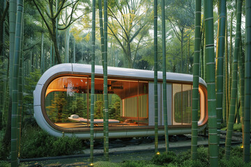 Advanced Japanese bamboo retreat with AI-controlled comfort and virtual nature details.