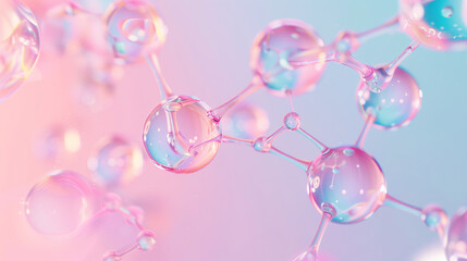 Molecular structure model with glassy spheres and connections in vibrant pink and blue gradient background