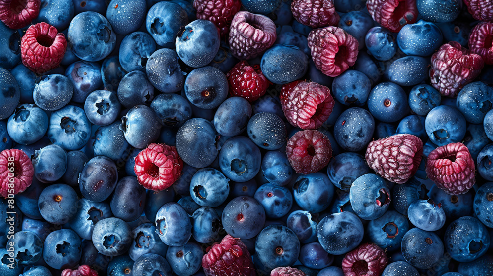 Poster raspberry and blueberry textures top view background