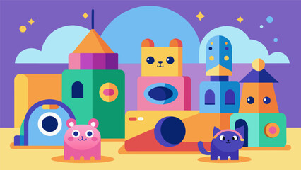 An adorable pet play room with colorful and funshaped cameras designed to double as toys for pets to interact with.. Vector illustration