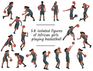 African girls playing women's basketball in black uniforms standing, running, jumping, throwing, shooting, passing the ball
