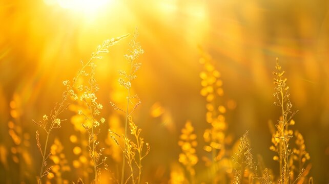 Abstract soft focus sunset field landscape of yellow flowers and grass meadow warm golden hour sunset sunrise time Tranquil spring summer nature closeup and blurred forest background 