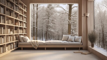 Scandinavian minimalist library with large windows and cozy reading nooks surrounded by nature.