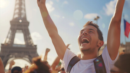 Excited spectator in a crowd of the blurred Eiffel Tower background 