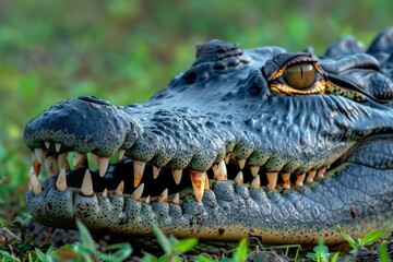 Obraz premium Fierce Crocodile Baring Teeth in Lush Greenery