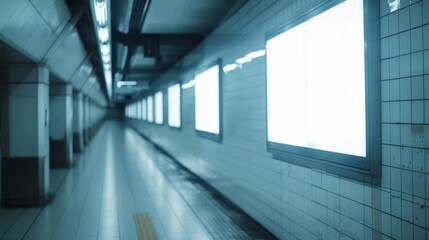 Deep in a metro hallway, the creative white blank mockup catches the eye of hurried commuters, white blank poster billboard Sharpen with large copy space