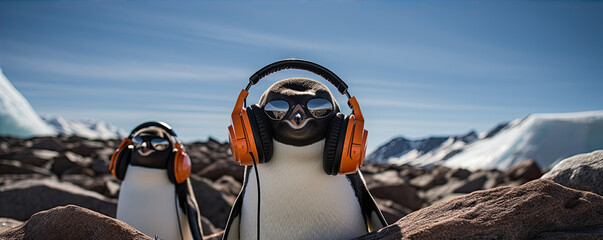 Penguins with headphones enjoying music in snow